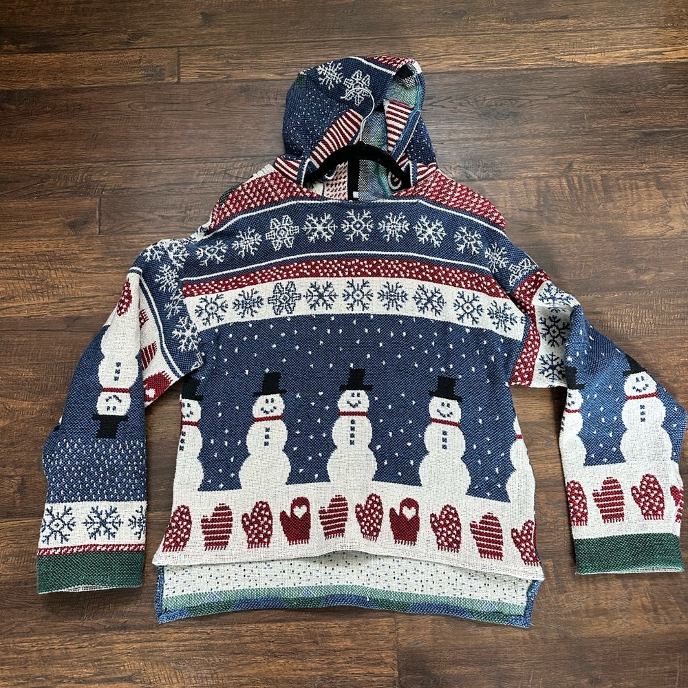 HANDMADE Snowman Snow flakes mittens red blue tapestry Hoodie by me, did my best - Picture 1 of 17